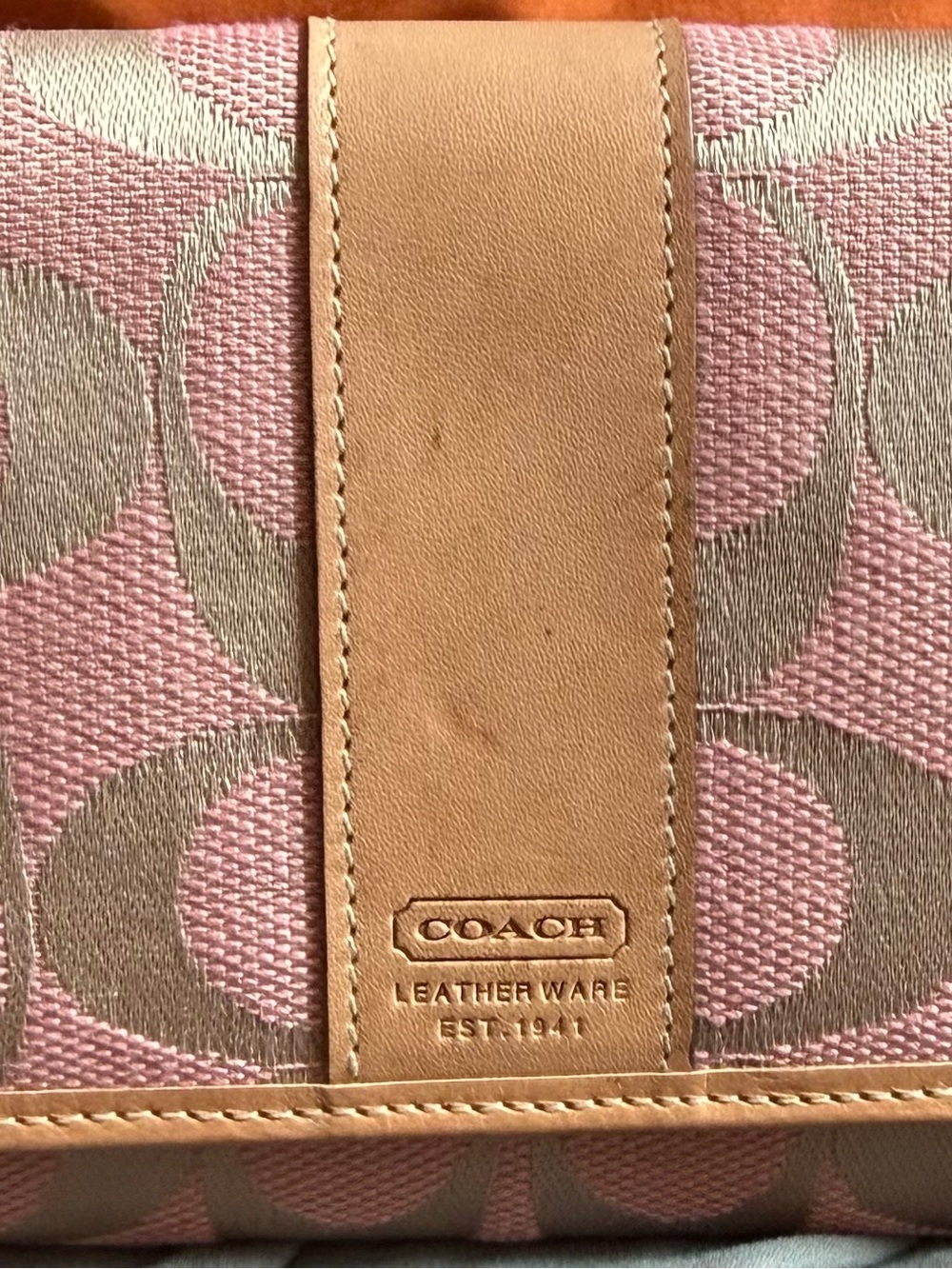 Coach Pink Signature Canvas Wallet with Tan Leather Trim